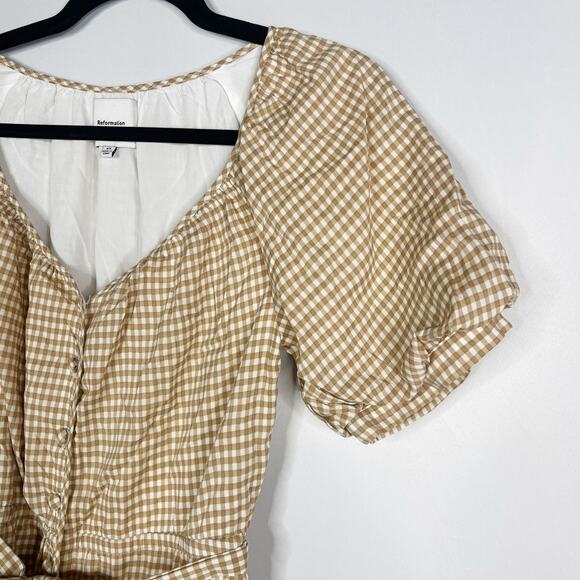 Reformation XS Tan Natural Roland Dress Anzo Check Gingham Midi Button Front - Picture 4 of 14